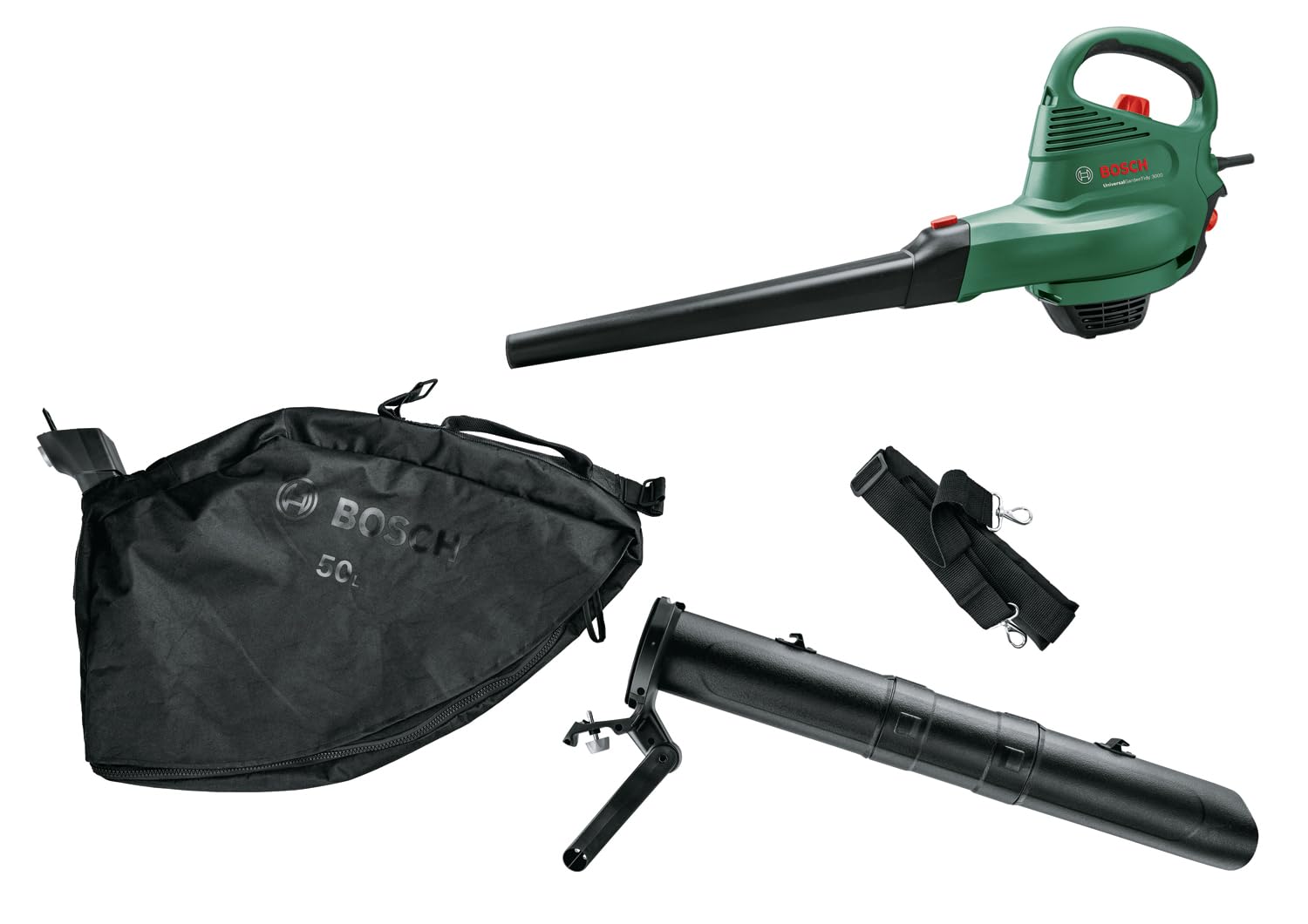 Bosch Laubsauger Laubbläser UniversalGardenTidy 3000 – 3000 W, Häcksler, Fangsack 50 l